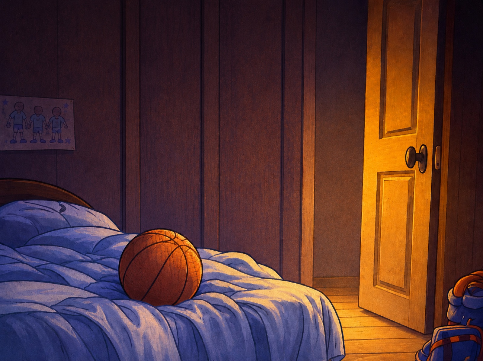 A quiet bedroom at night with a basketball resting on the bed
