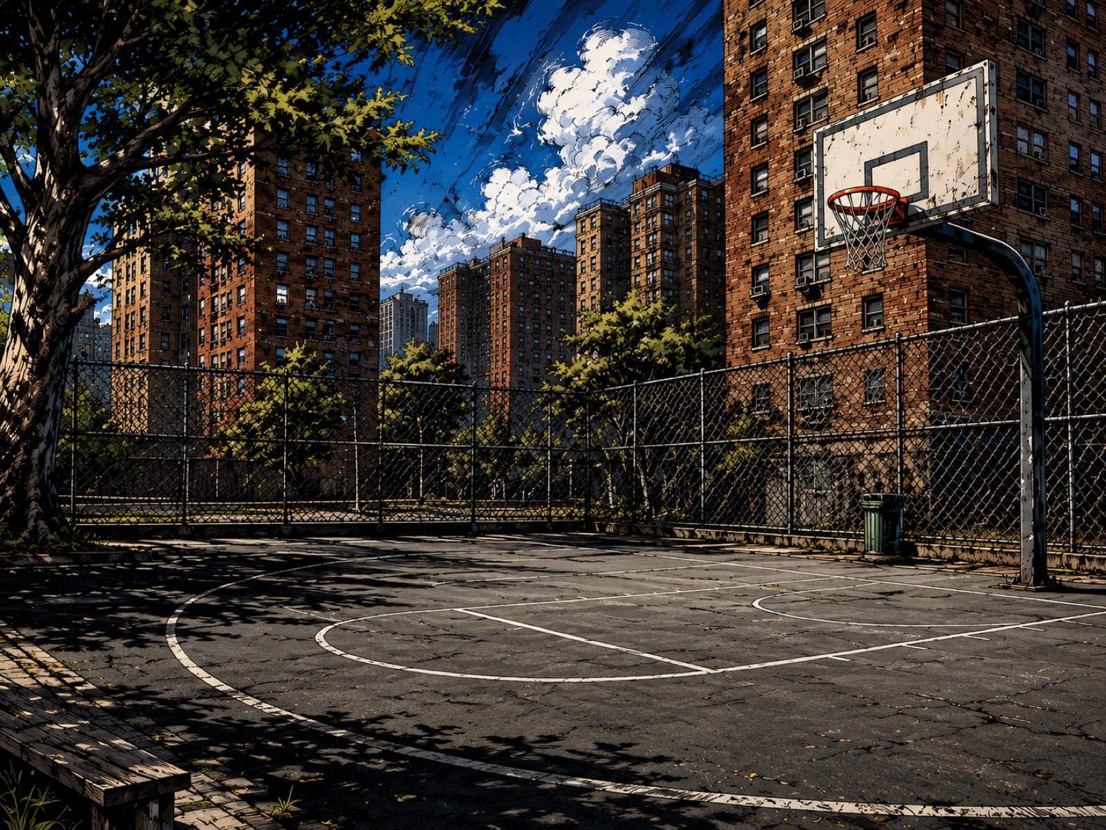 The basketball court at R.V. Courts, surrounded by tall apartment buildings