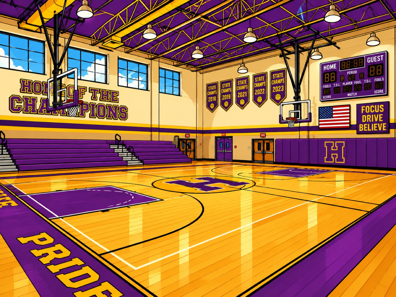 A bright high school gym, Home of the Champions